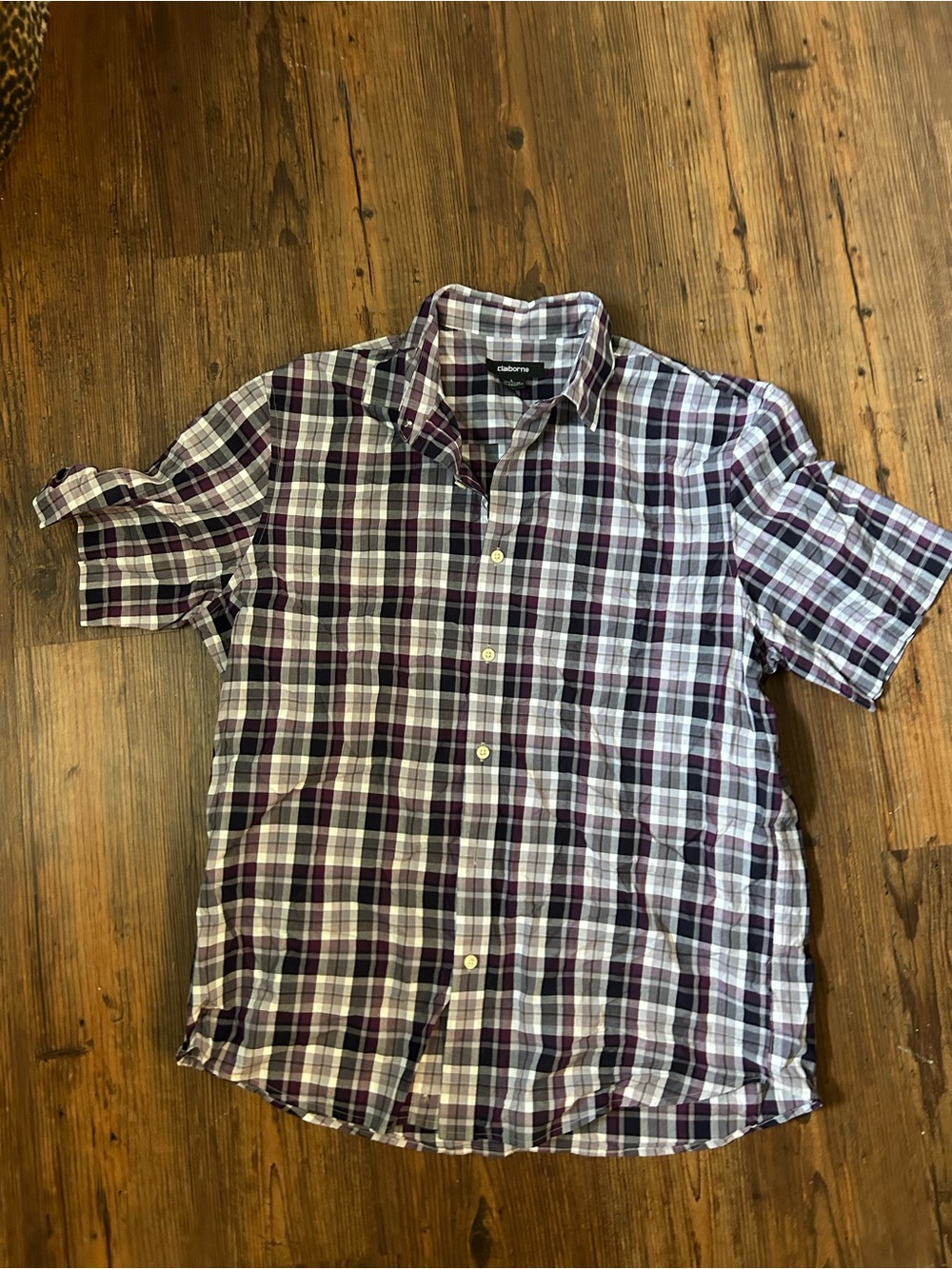 Liz Claiborne Purple and White Plaid Short-Sleeve Button-Down Cotton Shirt